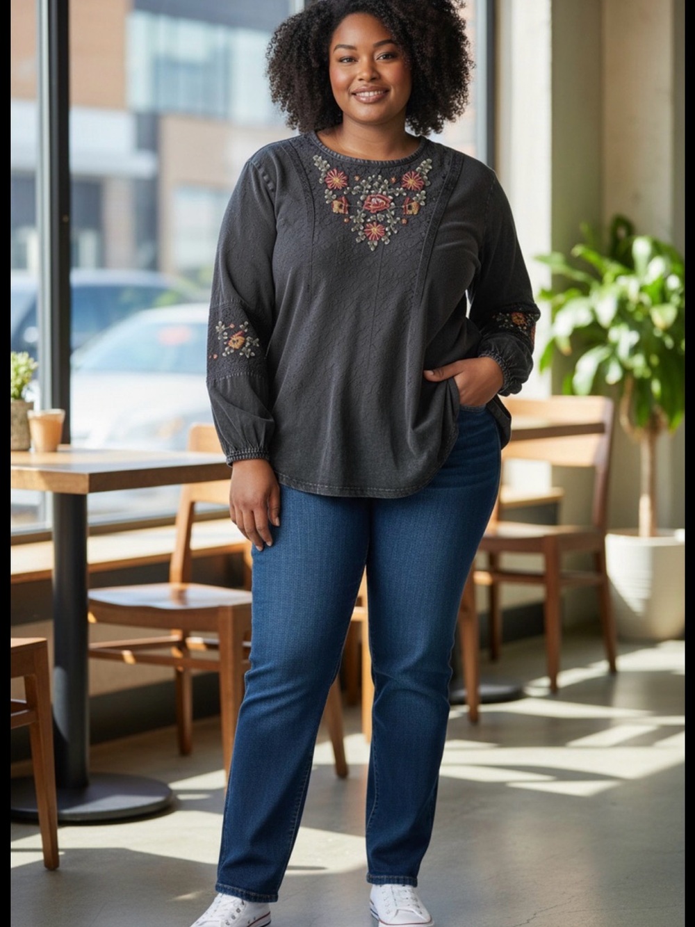 Embroidered Long-Sleeve Pullover Top